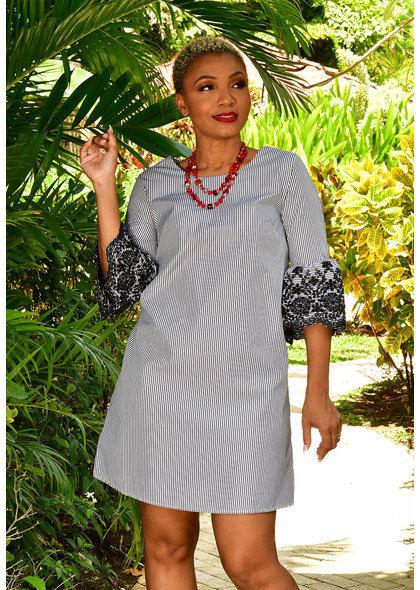Nina Leonard KELLZ-Pinstripe Shirt Dress with Three Quarter Sleeve