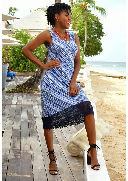 Nina Leonard IANO- Printed Sleeveless Dress with Lace Trim