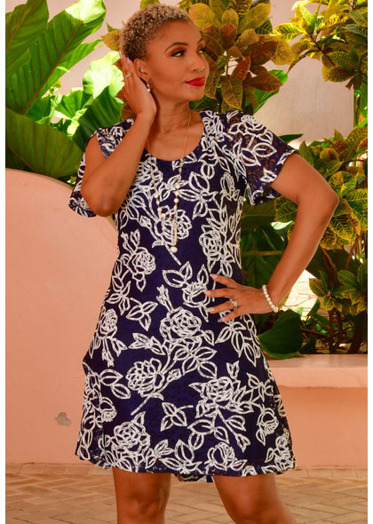 Nina Leonard LIANO- Puff Flower Print Lace Print Dress