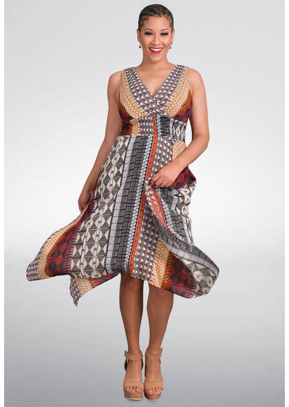 FLOS-Printed V-Neck Dress with Kerchief Bottom