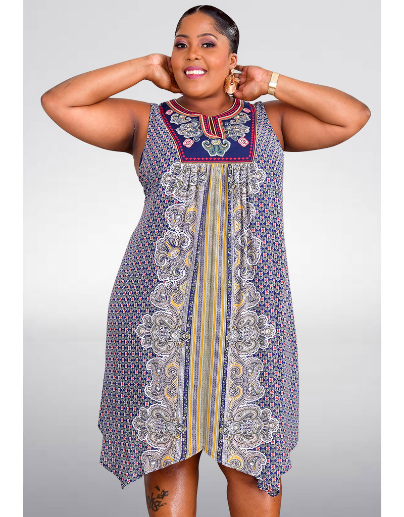 FALUDA- Plus Size Printed Dress with Embroidery Top