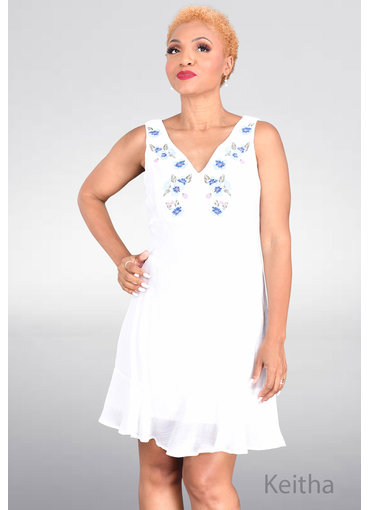 KEITHA- Sleeveless Dress with Floral Embroidery