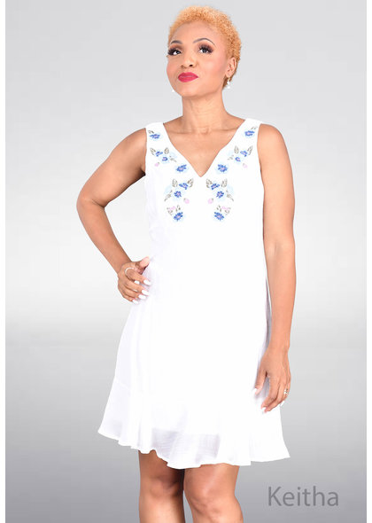 KEITHA- Sleeveless Dress with Floral Embroidery