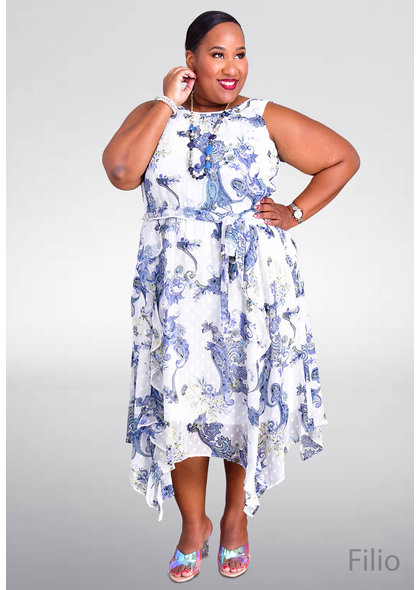 FILIO- Plus Size Printed Dress with Handkerchief Bottom