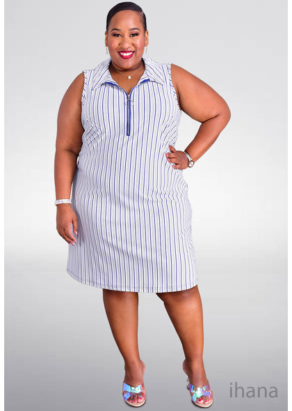 MLLE Gabrielle IHANA-Plus Size Striped Sleeveless Dress with Exposed Zip