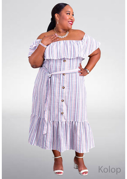 ARIA KOLOP- Plus Size Off the Shoulder Stripe Dress