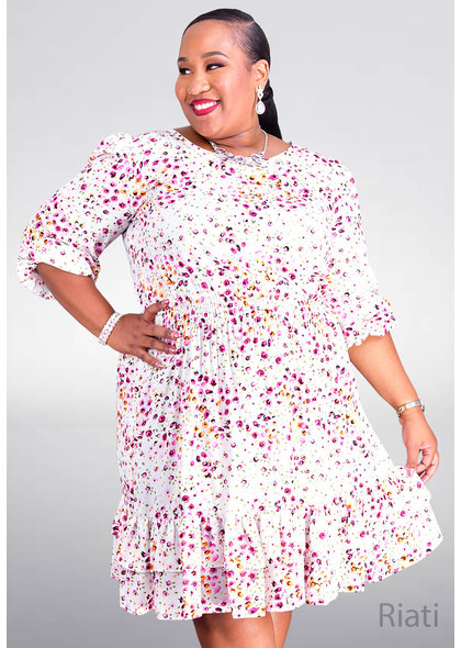 RIATI- Plus Size Printed Dress with Smocking Details