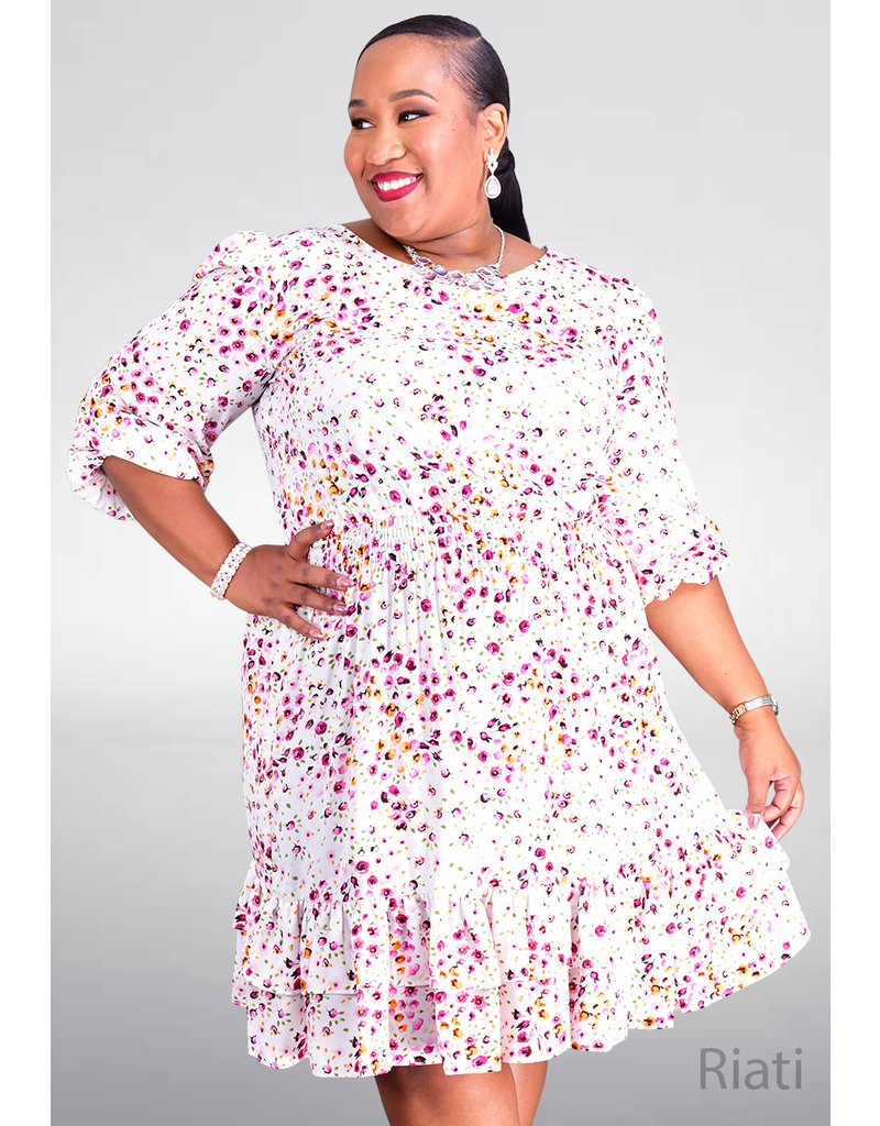 RIATI- Plus Size Printed Dress with Smocking Details