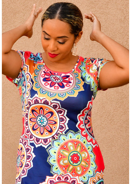 GETS OLEG- Printed Round Neck Short Sleeve Dress