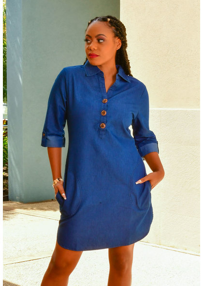 ROBERT LOUIS WILMA- Cuff Sleeve Dress with Collar and Pockets