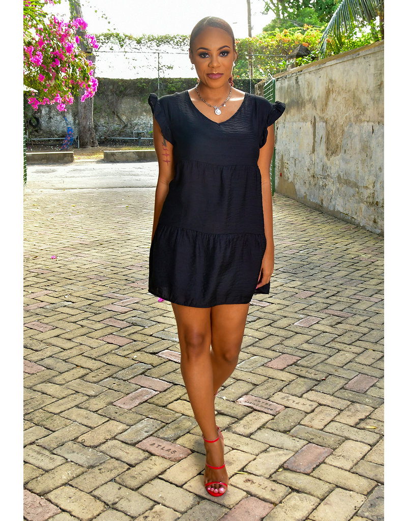 GETS OLSEN- Solid V-Neck Dress with Frill