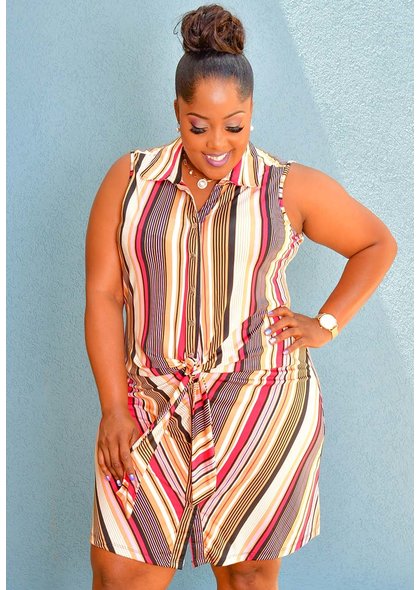 ROBERT LOUIS ISIS- Plus Size Stripe Dress with Collar