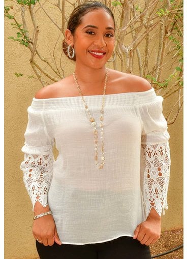 NY COLLECTION VINAD- Off Shoulder Top with Crochet Sleeves