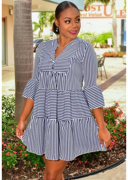 GETS OPALIO- Stripe Flounce Long Sleeve Dress