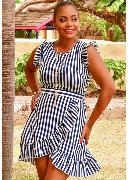 ARIA KERLIN- Stripe Wrap Ruffle Hem Dress