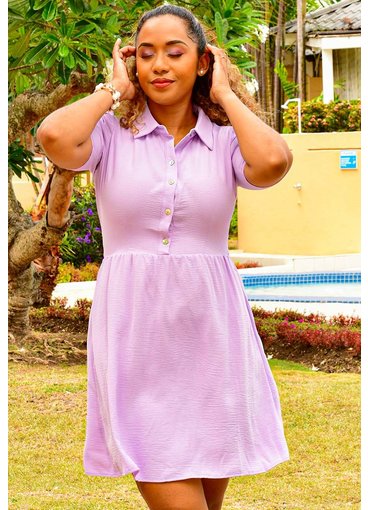 KELCIA- Solid Short Sleeve Dress with Buttons
