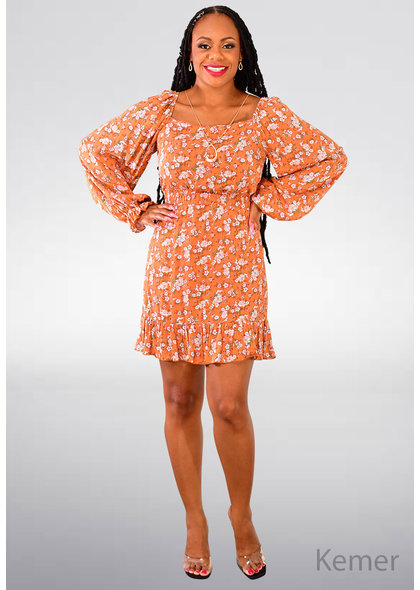 PEACH LOVE KEMER- Long Sleeve Shirred Puff Sleeve Dress