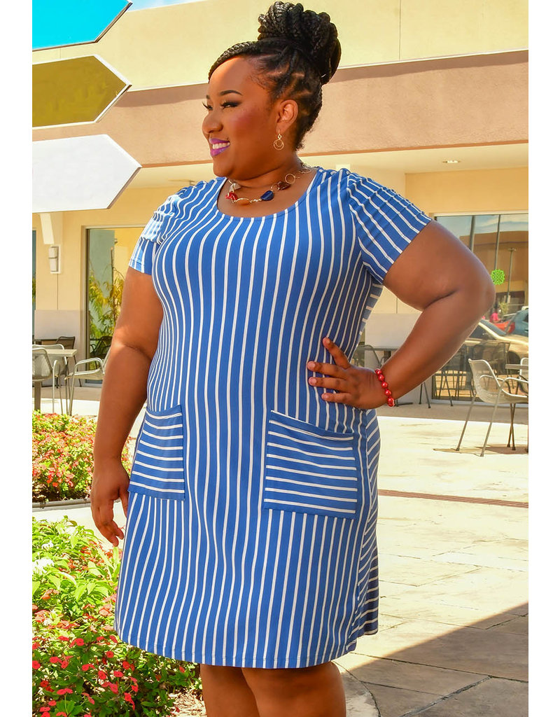 Nina Leonard IJIA- Plus Size Stripe Short Sleeve Dress with Pockets