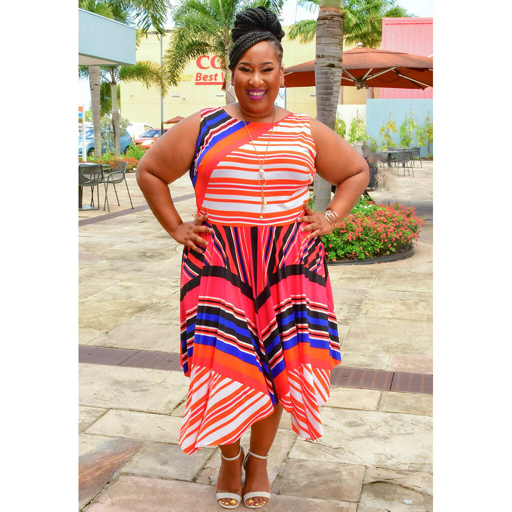 ITASHA- Plus Size Printed Armhole Stripe Dress