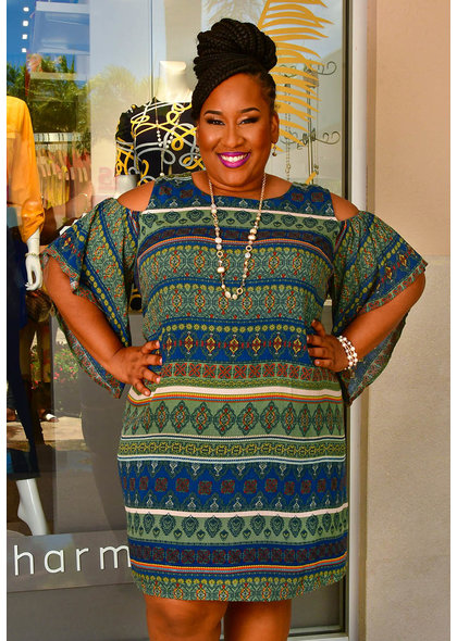 KERI- Plus Size Printed Cold Shoulder Dress