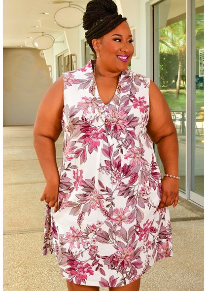 NIKALI- Plus Size Floral V-Neck Mid Pleat Dress