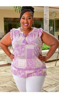 ABSOLUTELY FAMOUS VANAO- Plus Size Printed Frill Arm Top