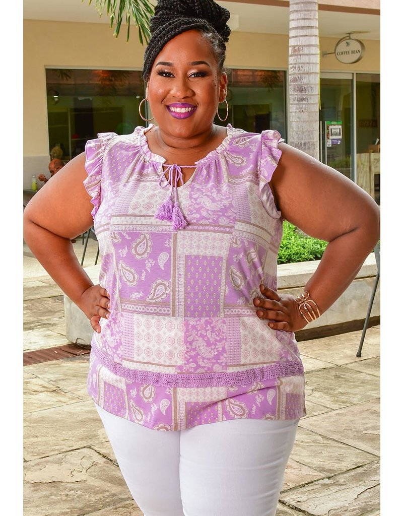 ABSOLUTELY FAMOUS VANAO- Plus Size Printed Frill Arm Top