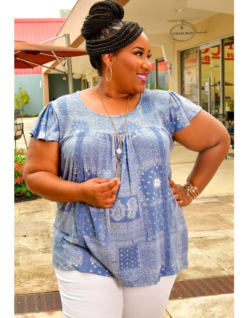 ABSOLUTELY FAMOUS VERSE- Plus Size Printed Frill Sleeve Top