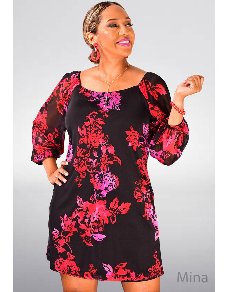 HARPER 241 MINA- Floral Square Neck Balloon Sleeve Dress