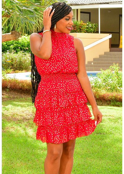 MSK FILONA- Foil Print Dress with Elastic Neck