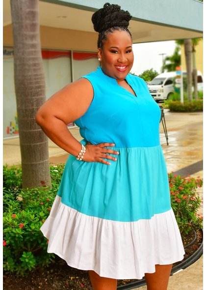 52SEVEN KARMEL- Plus Size Armhole High Neck Colour Block Dress
