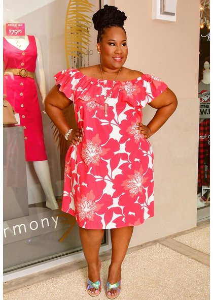 Signature KUTAIN- Plus Size Printed Off Shoulder Dress