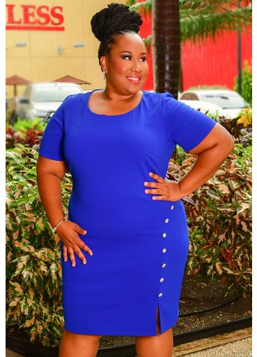 RAVENA- Plus Size Short Sleeve Dress with Buttons at Side