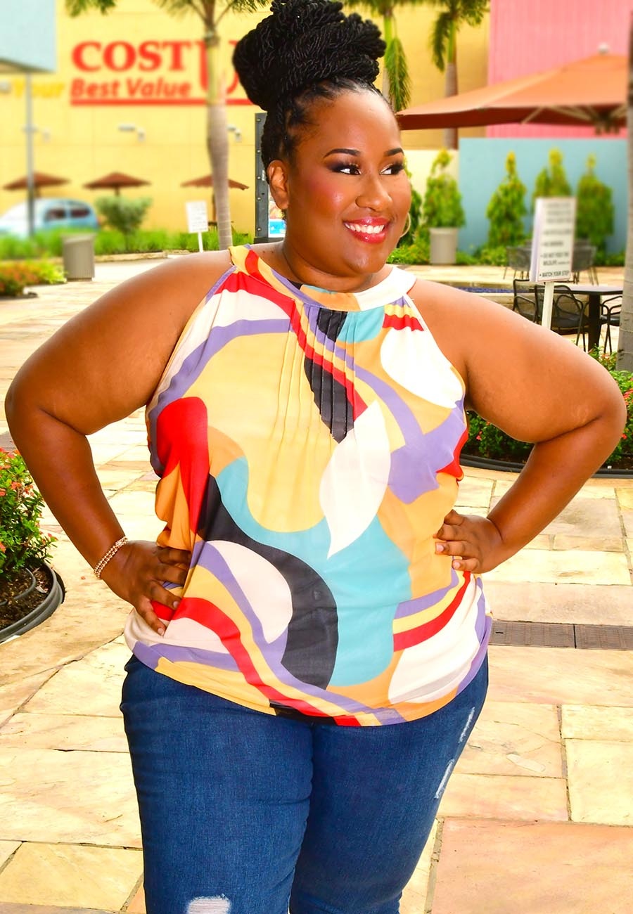 VICINDA- Plus Size Printed Mesh Hi-Neck Top - Harmonygirl.com