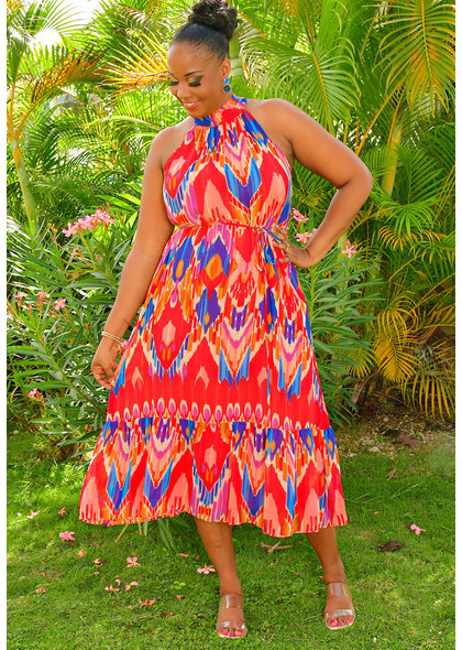 FIJO- Armhole Printed Hi-Neck Maxi Dress