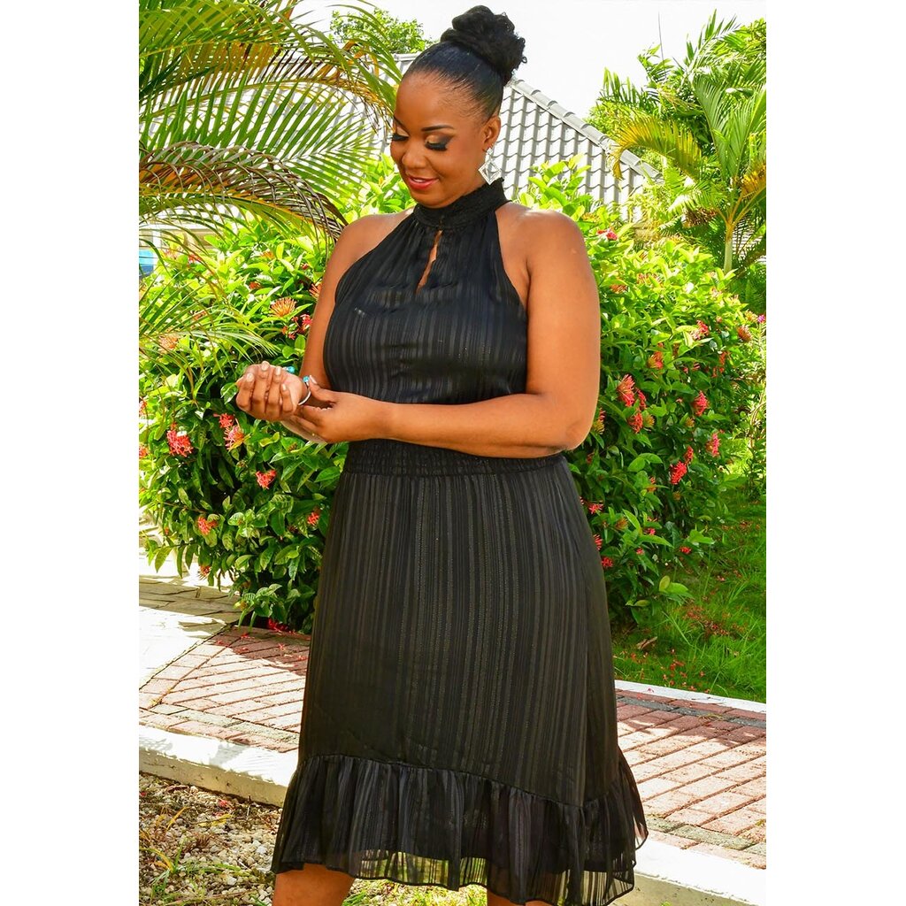 FACEN- Solid Elastic Neck Frill Hem Dress