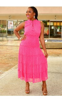 MSK FERNITE- Polka Dot Tie Neck Maxi Dress