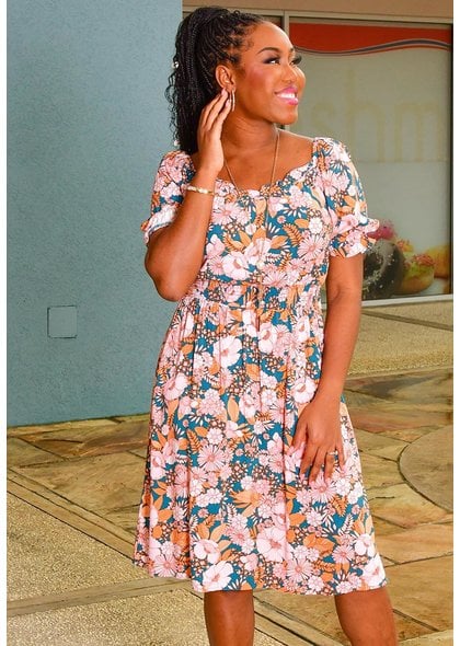 KARLYN- Floral Dress with Elastic at Waist - Harmonygirl.com