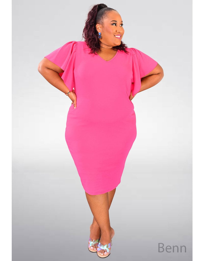 ARIA BENN- Plus Size Frill Sleeve V-Neck Dress