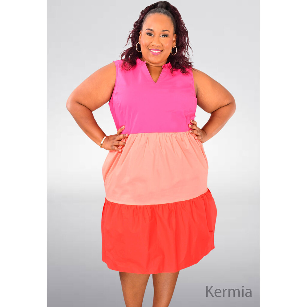 KERMIA- Plus Size Colour V-Neck Block Dress