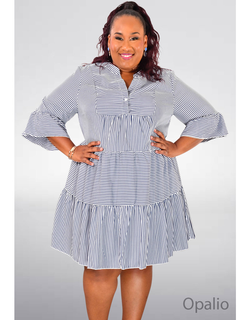 ARIA OPALIO- Plus Size Stripe Flounce Sleeve Dress