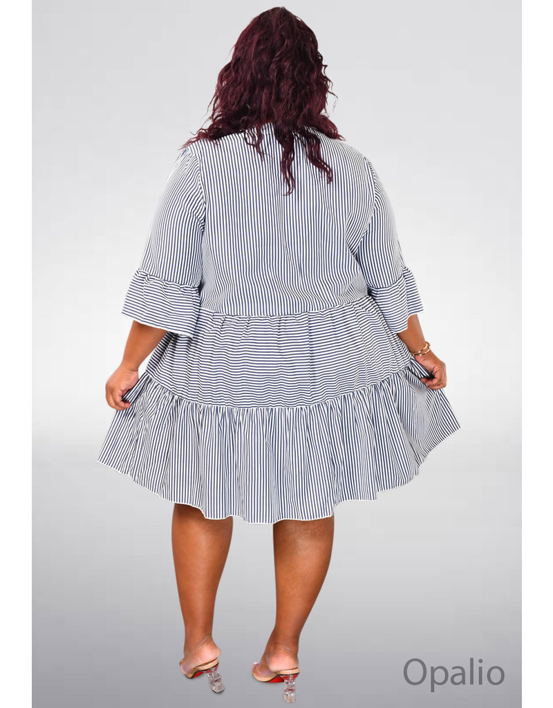 ARIA OPALIO- Plus Size Stripe Flounce Sleeve Dress