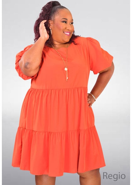 ARIA REGIO- Plus Size Round Neck Puff Sleeve Dress