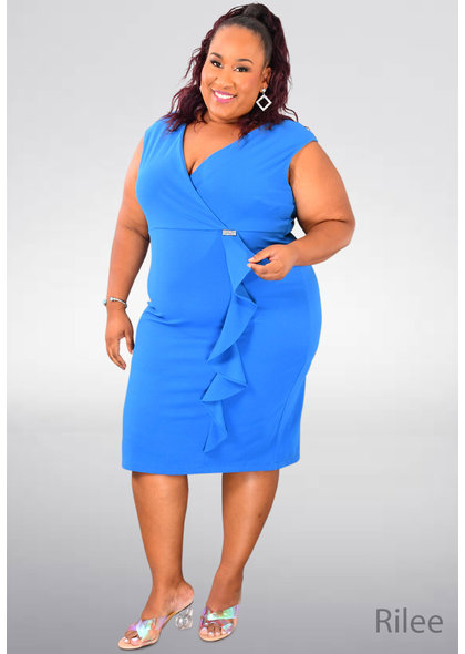 RILEE- Plus Size Dress with Ruffle Side & Brooch