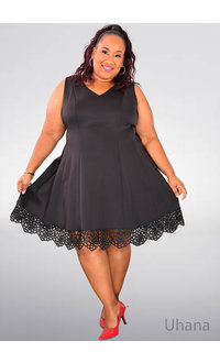 UHANA- Plus Size Solid V Neck Dress with lace Hem