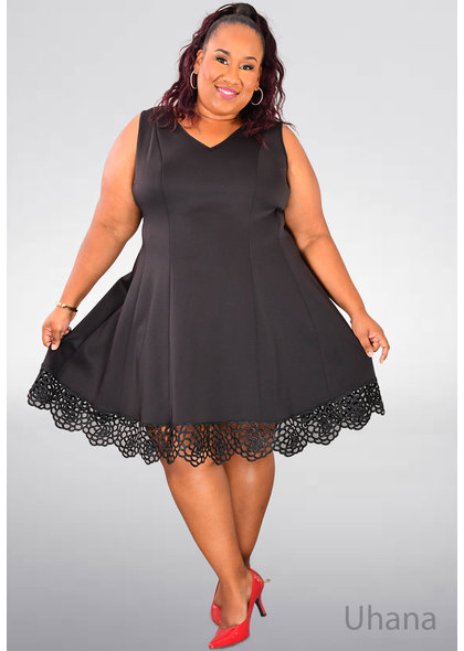 UHANA- Plus Size Solid V Neck Dress with lace Hem