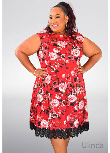 ULINDA-Plus Size Floral Sheath Dress with Lace Trim