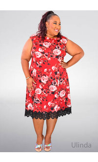 ULINDA-Plus Size Floral Sheath Dress with Lace Trim