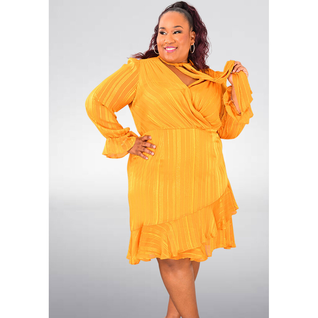 FERLITI- Plus Size Stripe Long Sleeve Dress with Tie at Neck