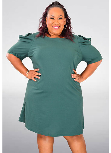 ARIA RUREL- Plus Size Solid Dress with Gathers Sleeves